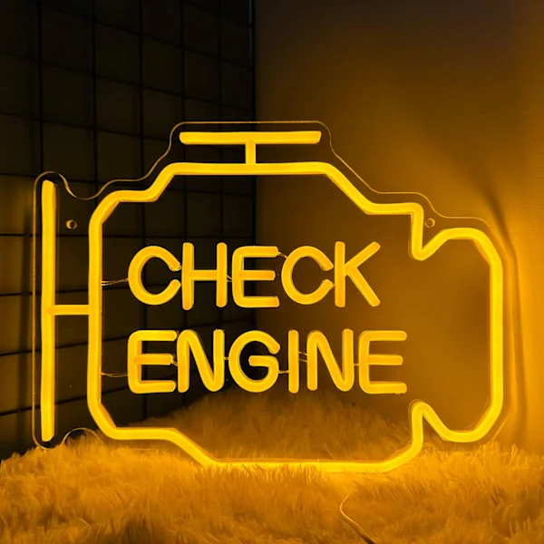 Check Engine Light Neonskylt för Mancave-inredning, LED Garage Väggkonst, Rolig Present till Pappa & Bilintresserade, Mancave Bilverkstad Mekaniker 