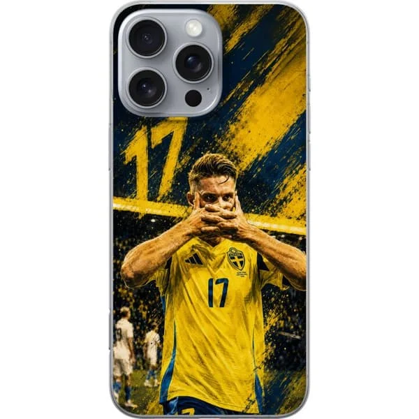 Kompatibelt Mobilskal till Apple iPhone 16 Pro Max Viktor Gyökeres i en dramatisk fotbollsillustration med blågula färger och nummer 17.