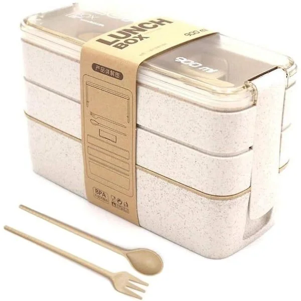 Matboks Bento Boks Snackboks For Barn Og Voksne Med 3 Rom Lekkasjesikker Mikrobølgeovn Laget Av Hvete Biologisk Nedbrytbar Plastfri BPA-fri (være)