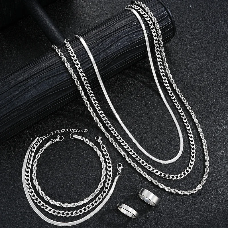 AliExpress - 2024 neue Einfache Edelstahl Silber Farbe Schmuck Sets für Männer Unisex Punk Vintage Glatte Ring Halskette Armband Set Geschenke