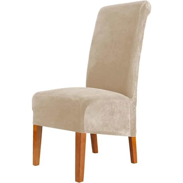 Velvet Dining Chairs, Large Stretchy Chair Covers, Removable Washable XL Spandex High Back Chair Covers, Set of 2, Beige