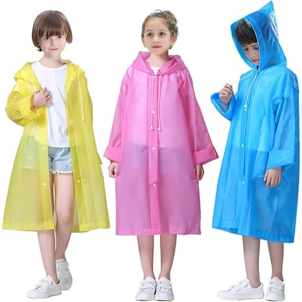 Regnkappa kapplängd 110cm * 55cm, [3-pack] Barn EVA återanvändbar regnjacka Unisex vattentät regnkappa nödkappa med herr och dam