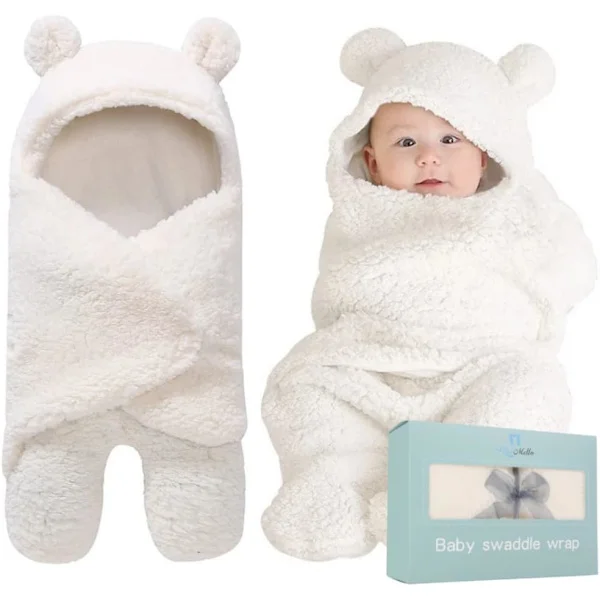 Baby Swaddle Filt | Supermjuk och plysch, ett måste för bebisar 0-6 månader | Vit swaddle-påse | Perfekt tillbehör för nyföddhetsregister och småbarn
