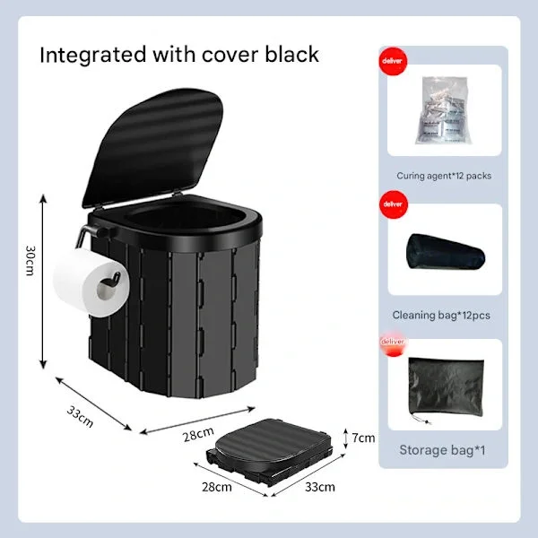Bærbar campingtoilet sammenklappelig toilet med låg vandtæt Porta Potty bil RV telt toilet spand toilet potte sort Black