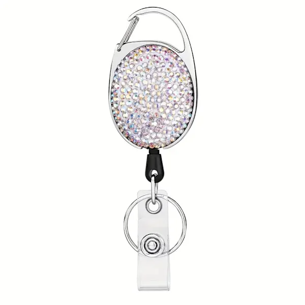 Retractable Badge Holder with Carabiner, Sturdy with Bling Rhinestone Carabiner and Ring, Rainbow Color