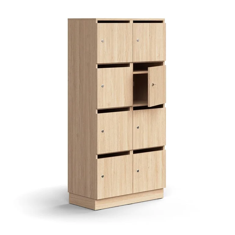 Post and personal storage locker QBUS, 8 comps, base frame, 1636x800x420 mm, oak