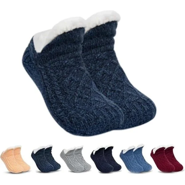 Non-slip Thermal Indoor Socks Fleece Slippers, Fuzzy Lined Warm Home Socks Dark Blue L Dark Blue Dark Blue