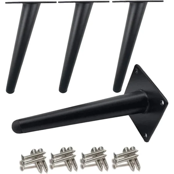 Et sæt med 4 skrå bordben, 30 cm skråt koniske, sorte, metalskabben, koniske møbelben.