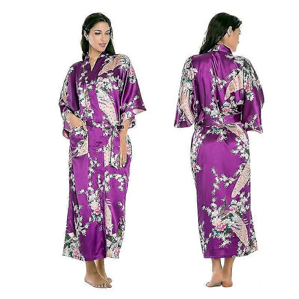 【NX】Dame Blomstertrykt Myk Sateng Kimono Morgenkåpe Bryllup Badekåpe Nattøy Lilla