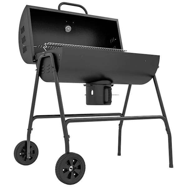 Metall Kolgrill BBQ Rökare med lock Termometer Hjul Justerbart Kolbricka Handtag Mobil Grillvagn Kolgrill Kolgrill för Barbeque Camping Patio 95 x 71,