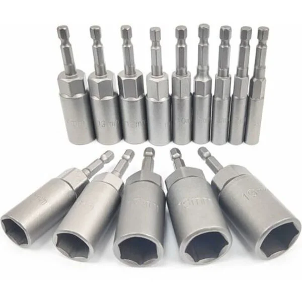 14-delt dyp pipe-nøkkelsett, 6-19 mm sekskantadapter, 34 mm skjæredybde, sekskantpipe for skrutrekker, slagskrutrekker, pipenøkkel