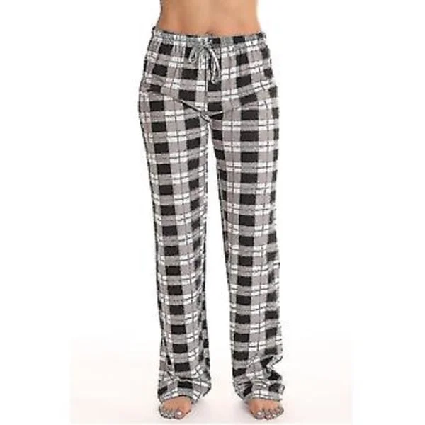 Dame Pyjamasbukser med Lommer, Myke Flanell Rutete Pyjamasbukser for Kvinner (L svart)
