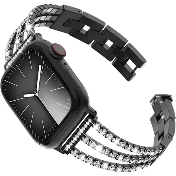 Skinnende Metal Link Armbånd Stål Armbånd Dame Kompatibelt Armbånd Serie 9 8 7 SE2 6 5 4 3 2 1 Med Krystal Diamant 41mm 44mm 45mm Sort sort