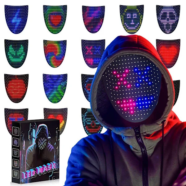 LED-maske Halloween-kostyme for barn og voksne, ansiktsforvandlende lysende maske med bevegelsessensor, kule leker, flott gave til maskerade