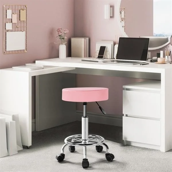 Justerbar arbeidskrakk på hjul - Rosa / arbeidsstol med hjul / roterende krakk
