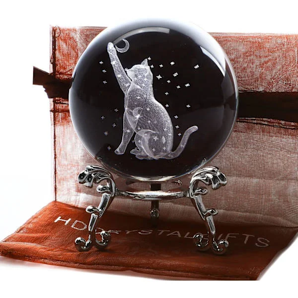 60mm 3D Katt Krystallkule Figur Glass Laser Gravert Katt Måne Stjerne Krystallkule med Stativ Glasskule Papirvekter Kattegaver til Katteelskere 