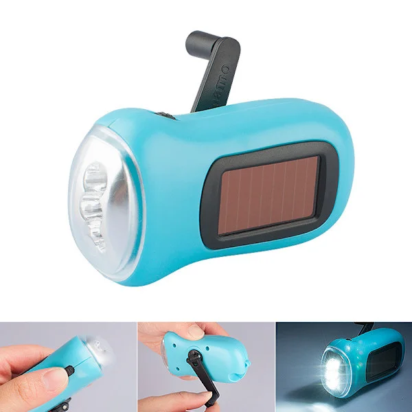 Blå Mini Hand Crank LED Ficklampa, Nödvev Dynamo Solcellsladdad Ficklampa Kraftfull Energisparande Ficklampa