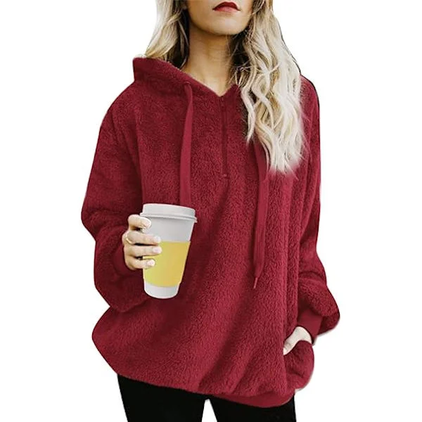 Dame trøje Fuzzy Casual Loose Velvet Trøje Langærmet Teddy Fleece Hættetrøjer med lommer Hoodie Snøre Pullover Jumpers overtøj frakke