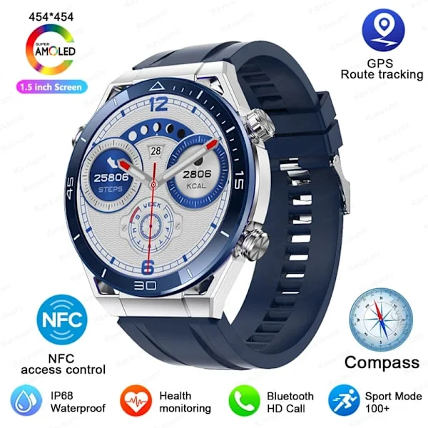 NFC AMOLED Smartklocka Herr Anpassad Urtavla Svara Samtal Sport GPS-spårning Kompass IP68 Vattentät Smartwatch För Huawei Ultimate