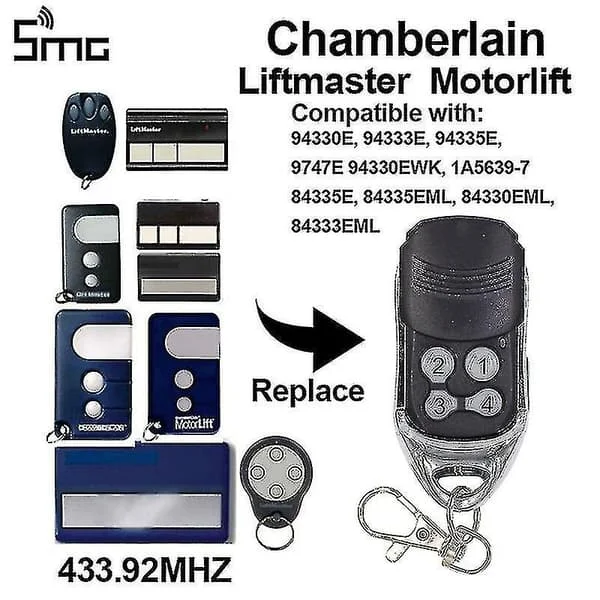 Chamberlain Liftmaster autotallin oven kaukosäädin Motorlift 1a5639-7 D-66793 94335e 4335e 4330e 4333e 4332e Korvaava 433 Mhz (94335e jne)
