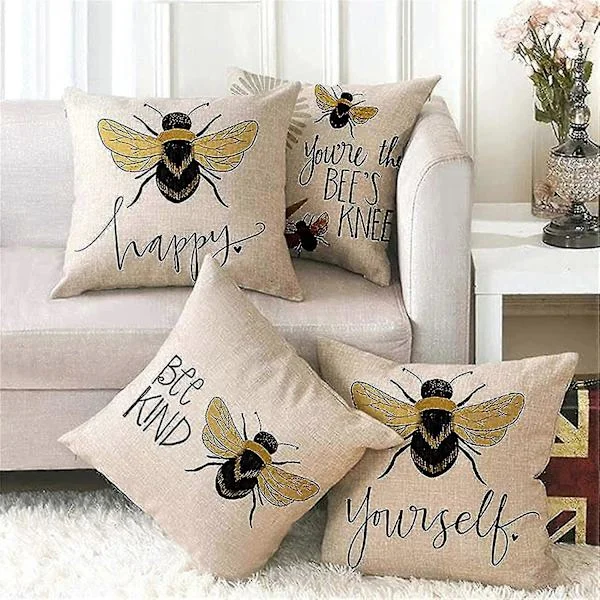 Bee Pillow Covers Outdoor Waterproof Pillows Durable Thick Yellow Bee Pillow Covers Set of 4 Home Garden Decorative for Sofa Linen Square Outdoor