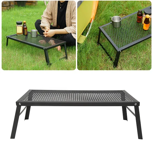 Bærbar utendørs grillrist for camping, kraftig jern, sammenleggbare ben, stål bålgrill med diamantformet stålnetting grilltopp, varmebestandig