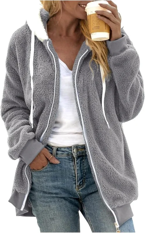 Huva jacka dam teddy fleece kappa övergångsjacka med huva med fickor dragkedja höst vinter plysch jacka fleece jacka vinter 4XL B Grå