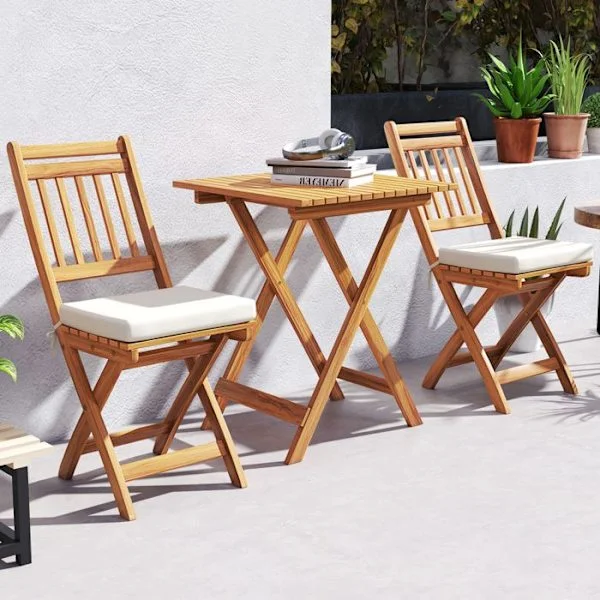 Have a seat at this costway dining table and two folding chairs for your garden. Made of acacia wood with soft cushions, featuring no armrests and re