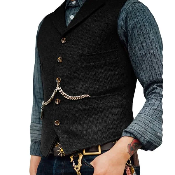【DT】HERRE FISKEBEIN TWEED VEST, RETRO V-HALS, ULL, TIL BALL Svart
