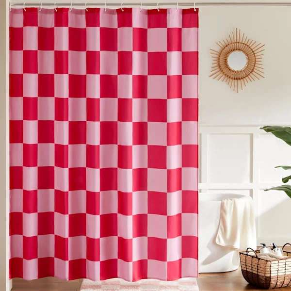 Rosa rutigt duschdraperi för badrum, vackert retro rutigt duschdraperi, vintage estetik, maskintvättbart, 183 x 183 cm