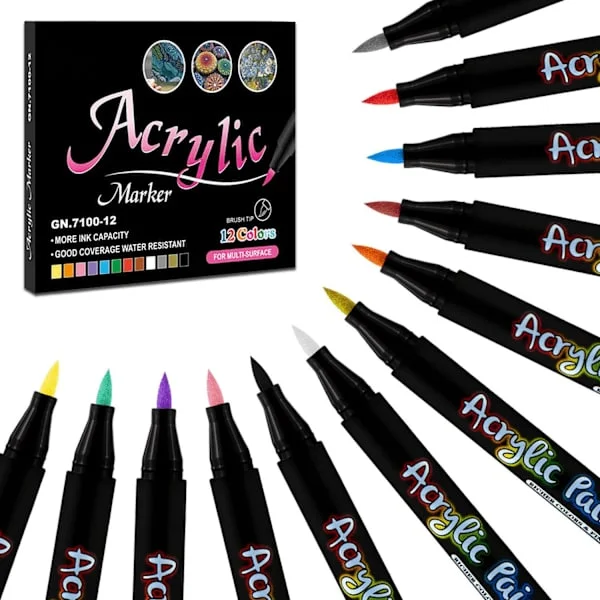 Acrylic Paint Pens with Brush Tip, 12 Colors Acrylic Markers for Rock Painting Glass Wood Ceramic Craft Supplies, Paint Markers