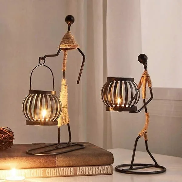 stk lysestaker til bord, retro svart jern telysholder vintage lysestake stativ liten jente formet med hampetau design (B)