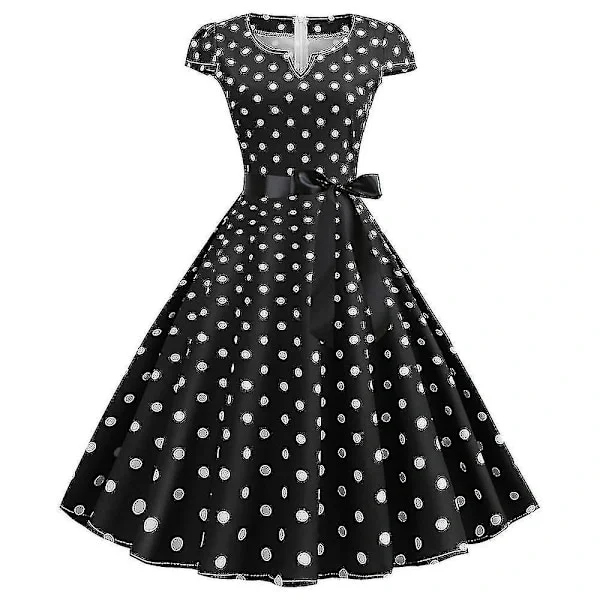 [RM] Dame Polka Dot Hepburn Retro 50-talls 60-talls Rockabilly Kveldsfest Swing Midi Kjole Svart XL