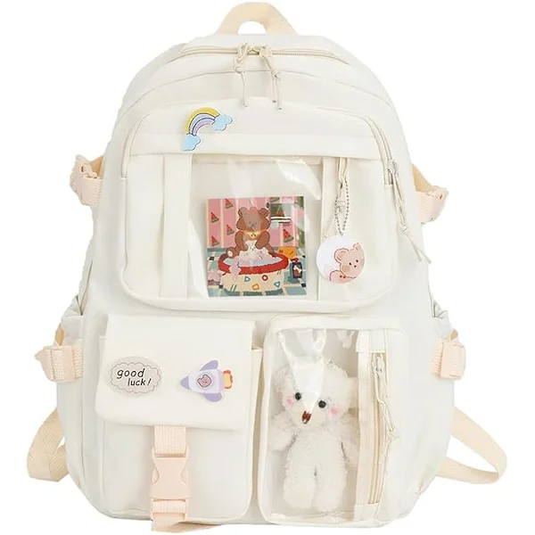 Kawaii ryggsekk, Kawaii ryggsekk med Kawaii nåler og tilbehør, Kawaii ryggsekk for jenter studenter, søt estetisk reise ryggsekk hvit