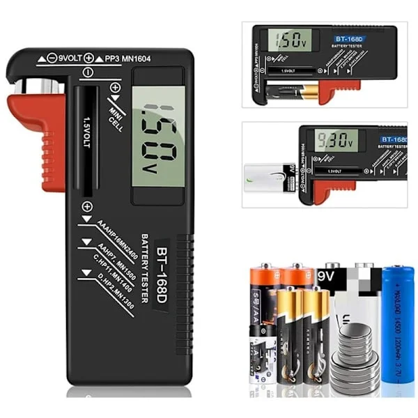 Digital batteritestare, universell batteritestare, batteritestare, för AA, AAA, C, D, PP3, 9V, 1.5V, knappcellsbatterier - Fungerar utan batterier