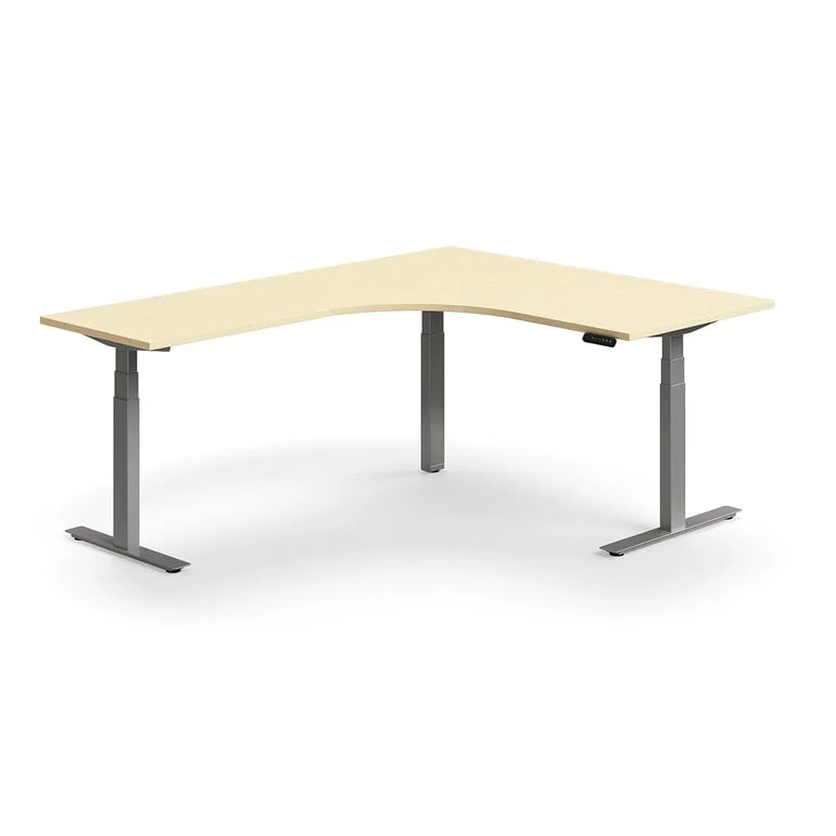 Standing desk QBUS, dual motor, L-shaped, 1600x2000 mm, silver frame, birch
