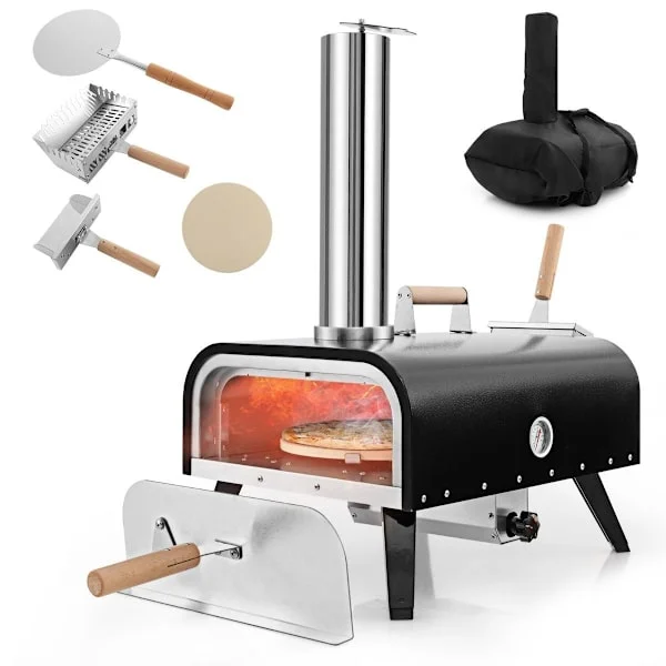 Udendørs pizzaovn i rustfrit stål med sten og termometer