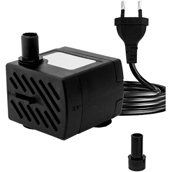 Ekstremt støjsvag mini-dykpumpe med en 1,3 m lang strømledning og en dyse til springvand, akvarier og havedamme 180 l/t. 3W
