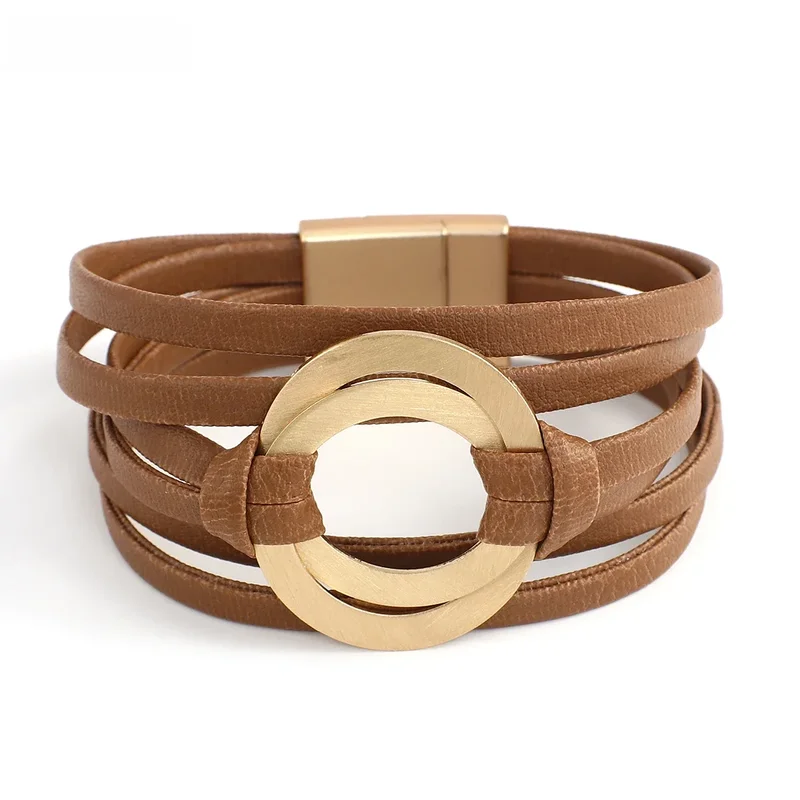 AliExpress - ALLYES Boho Bracelets en cuir véritable pour femmes hommes mode cercles creux ronds breloque Bracelet enroulé Bracelet femme bijoux 