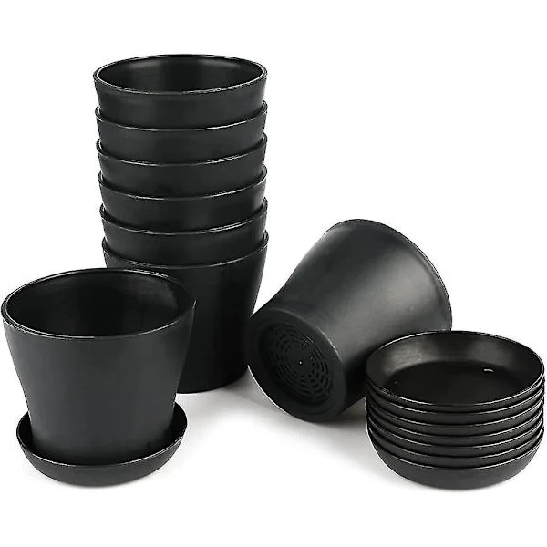 8 stk 4" små sorte plantepotter i plast, innendørs plantepotter for kontor