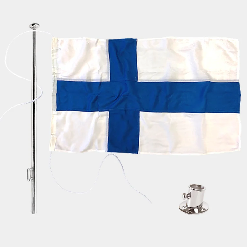 Sada s lodní vlajkou Adela Original, Finsko, námořní polyester (170 g / m²), 70 cm x 43 cm + stožár Ø25 mm, 75 cm z nerezové oceli + držák stožáru z 