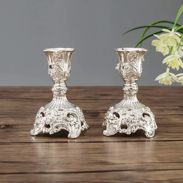 Sølvbelagte Lysestager Sæt med 2, Metalliske Koniske Lysestager, Ornamentale Lysestager til Shabbat Koniske Lys