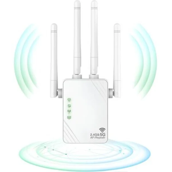 WiFi Repeater, WiFi Extender, 1200Mbps WiFi Signalforstærker, 5GHz og 2.4GHz Dual Band WiFi Booster, Repeater/Router/AP-tilstand, 4 Antenner, 2