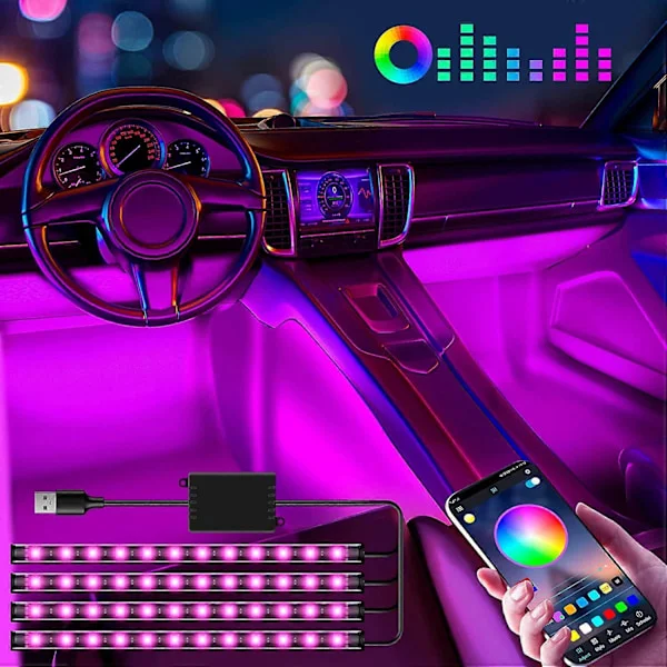 Bilindvendigt lys til bil, LED bilindvendig belysning, bilindvendig belysning, LED lysbar til bil med APP-styring