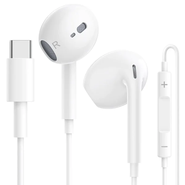 USB C Øretelefoner for iPhone 16/15 Plus Pro Max, Type C Øretelefoner, Kablede Øretelefoner med Mikrofon og Volumkontroll