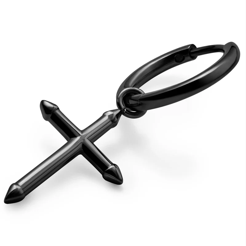 Vasilios Black Hoop Earring with Pointed Cross Pendant for Men - Charm Hoop Earrings