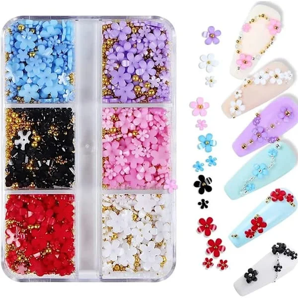 Blomster Negle Charms, 3D Blomster Negle Akryl Blomster Negle Kunst Rhinestones med Guld, TH