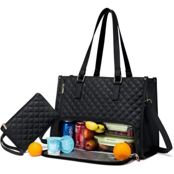 2-in-1 Handbag and Lunch Bag - 15.6 inch, Insulated Lunch Bag, Cooler Bag, Leak-proof Cooler Bag, Laptop Bag for Work Black