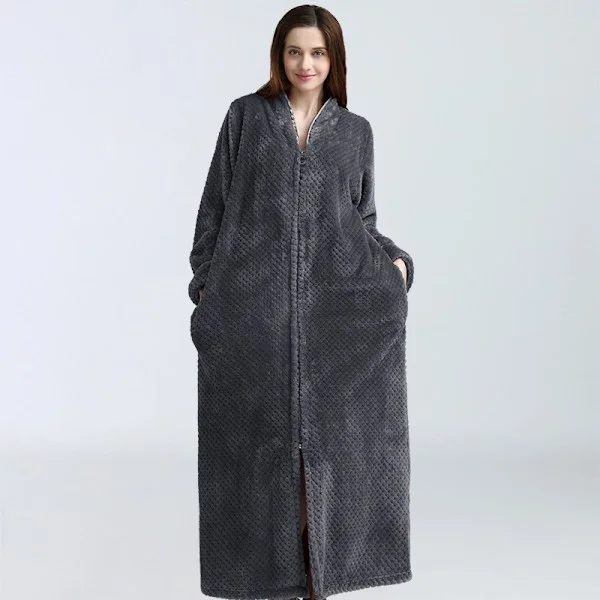 Vetoketjullinen aamutakki naisille, flanelli-fleece-takki, talvella lämmin kotitakk, yöpaita, harmaa