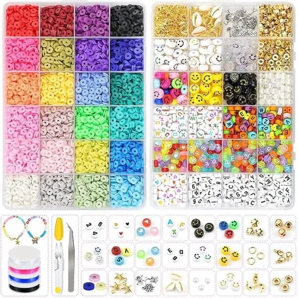Lerperler / Heishi Perler Merkki Kit - KREA DIY Smykkesæt med forskellige perler - 7000 stk